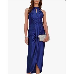NEW Blue Satin Sleeveless Halter Neck Formal Cocktail Party Midi Dress S